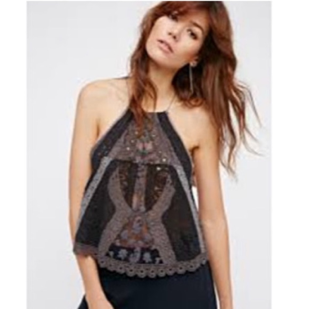 Free People Black Embroidered Halter Tank Top